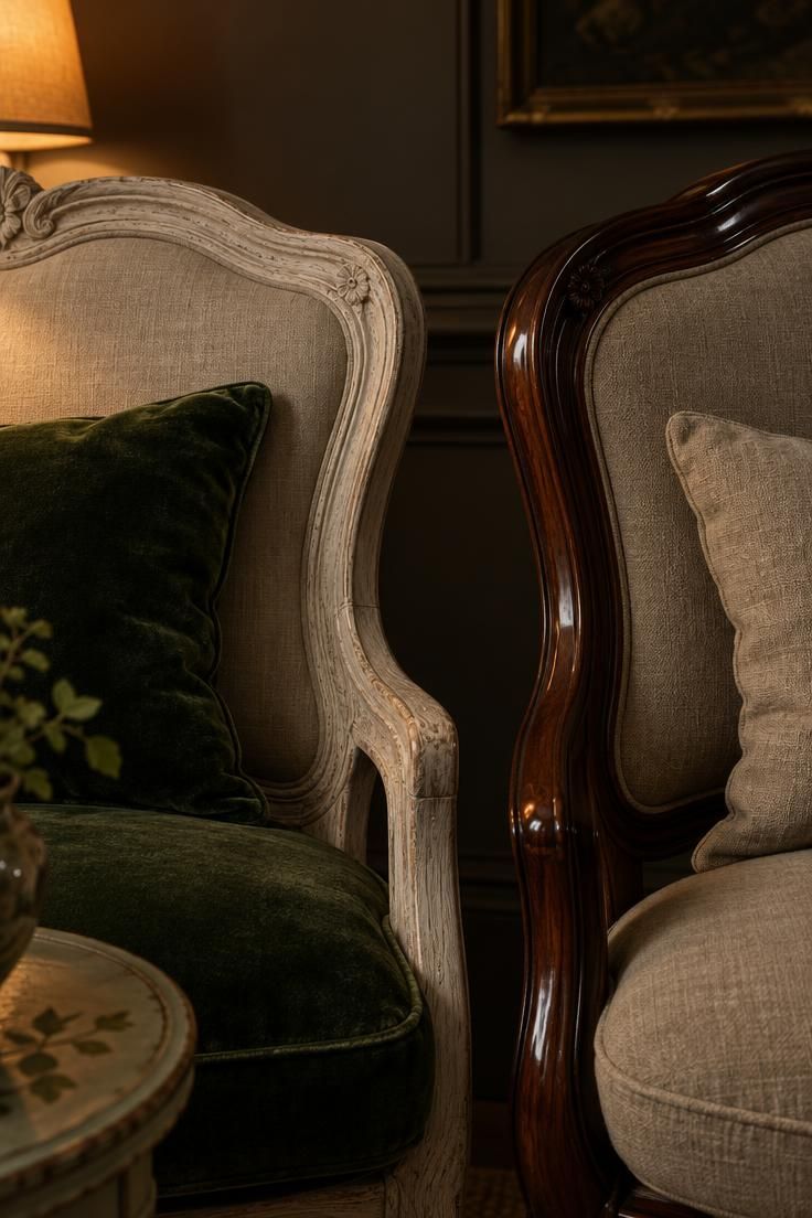 14 French Eclectic Decor Ideas for a Collected, Warm Room 12 Two chair backs side by side, one in a limed finish and one in dark polished wood.