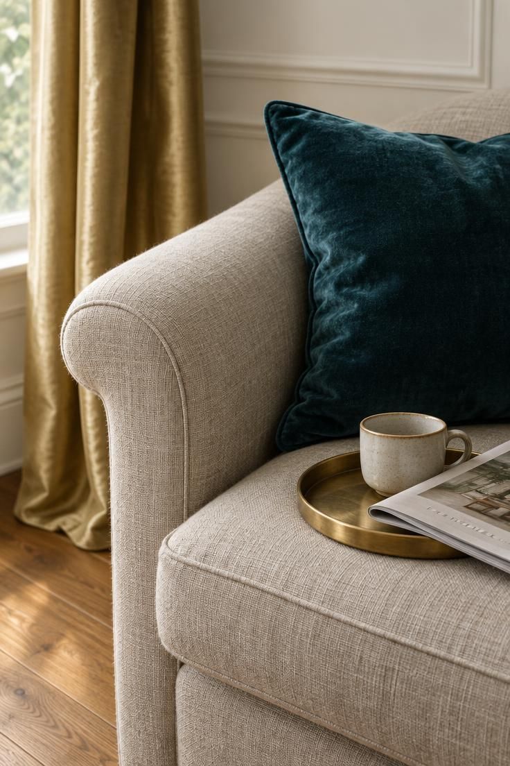 14 French Eclectic Decor Ideas for a Collected, Warm Room 13 A linen settee arm beside a teal velvet cushion and the edge of a gold silk curtain.