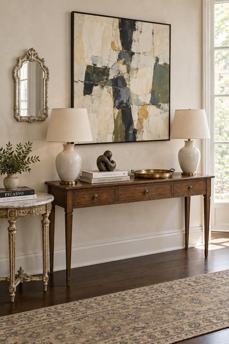 14 French Eclectic Decor Ideas for a Collected, Warm Room 14 A console with a French antique table, a large modern painting, and a small silver-leaf mirror above.