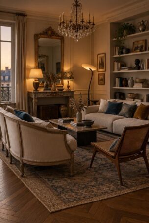 A warm French eclectic living room with a curved settee, modern sofa, layered rugs, and mixed lighting.
