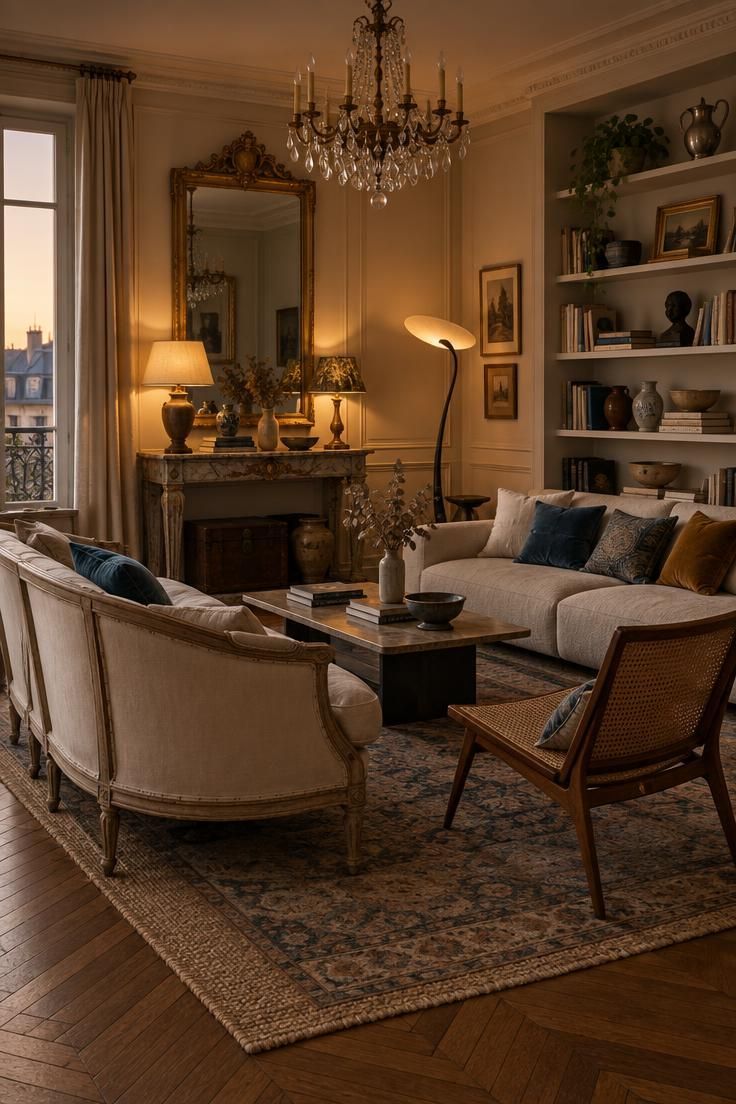 A warm French eclectic living room with a curved settee, modern sofa, layered rugs, and mixed lighting.