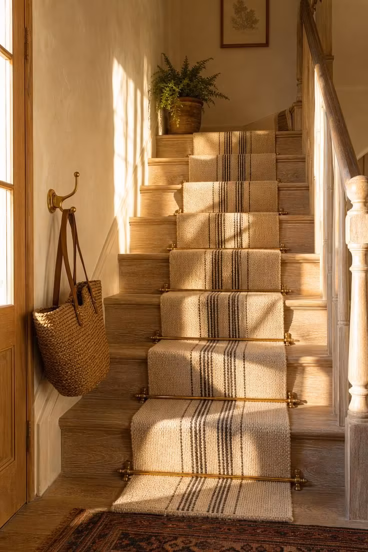 13 Warm Front Entryway Ideas With Stairs to Welcome Home 1 Whitewashed oak staircase with a striped wool runner held by brass stair rods in a warm, sunlit front entryway