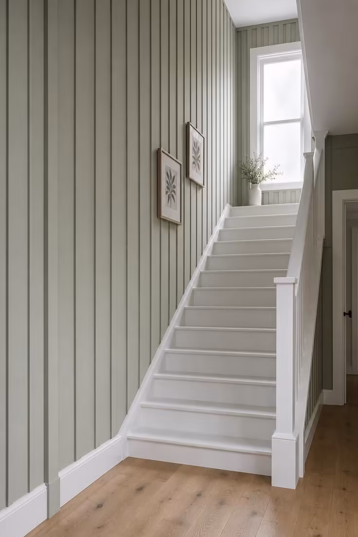13 Warm Front Entryway Ideas With Stairs to Welcome Home 2 Tall stairway wall with sage green board-and-batten paneling beside a white painted staircase in a front entryway