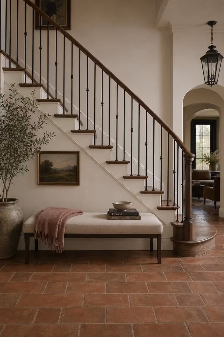 13 Warm Front Entryway Ideas With Stairs to Welcome Home 4 Iron balustrade staircase with a curved walnut handrail and a linen bench tucked at the base in a front entryway