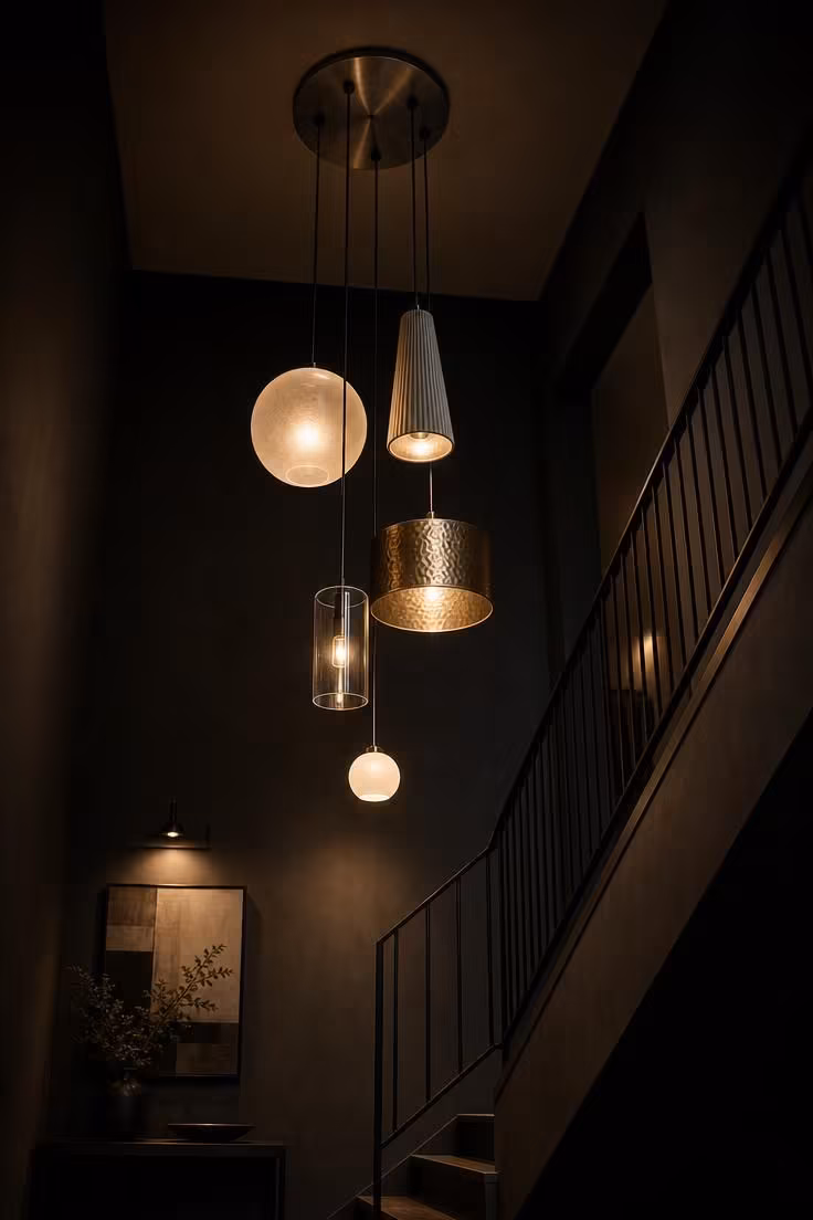 13 Warm Front Entryway Ideas With Stairs to Welcome Home 5 Five mismatched pendant lights hanging at staggered heights in a dark double-height stairwell above a front entryway