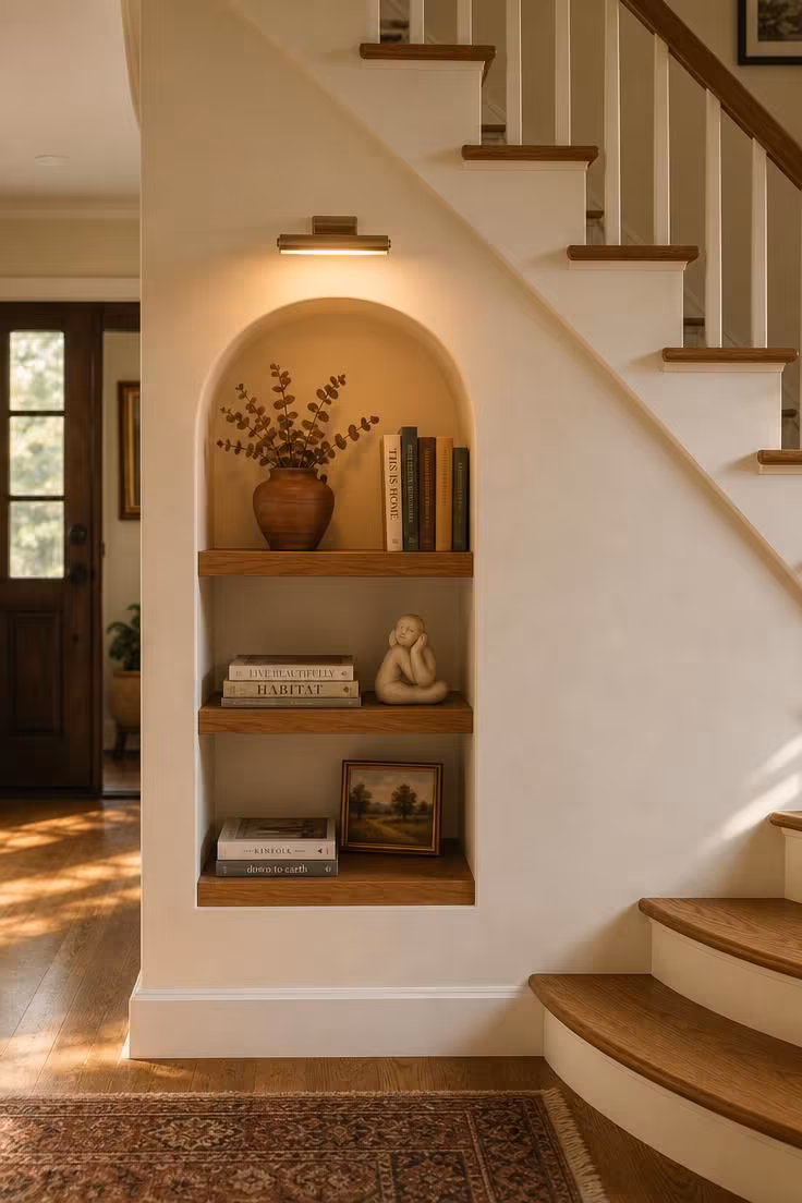 13 Warm Front Entryway Ideas With Stairs to Welcome Home 6 Arched built-in shelf nook beneath a stair landing in a warm, sunlit front entryway with books and ceramics on display