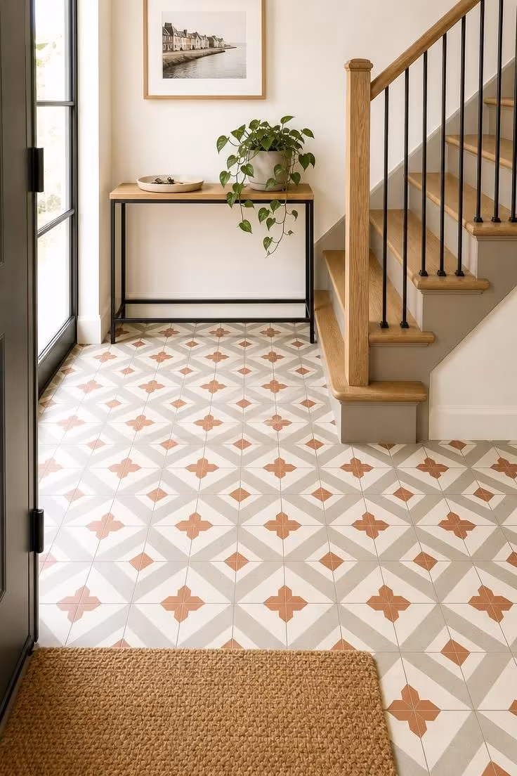 13 Warm Front Entryway Ideas With Stairs to Welcome Home 7 Geometric encaustic cement tile floor in a bright front entryway with a painted staircase and a narrow console table