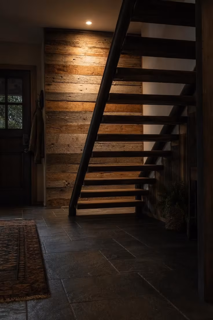 13 Warm Front Entryway Ideas With Stairs to Welcome Home 10 Reclaimed wood accent wall visible through open risers of a dark staircase in a moody front entryway