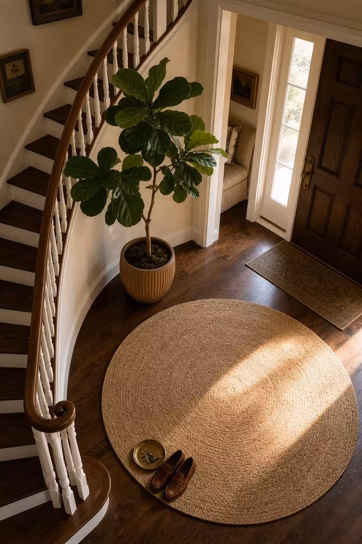 13 Warm Front Entryway Ideas With Stairs to Welcome Home 11 Round jute rug in a foyer with a curved staircase and a tall fiddle leaf fig plant in warm afternoon light