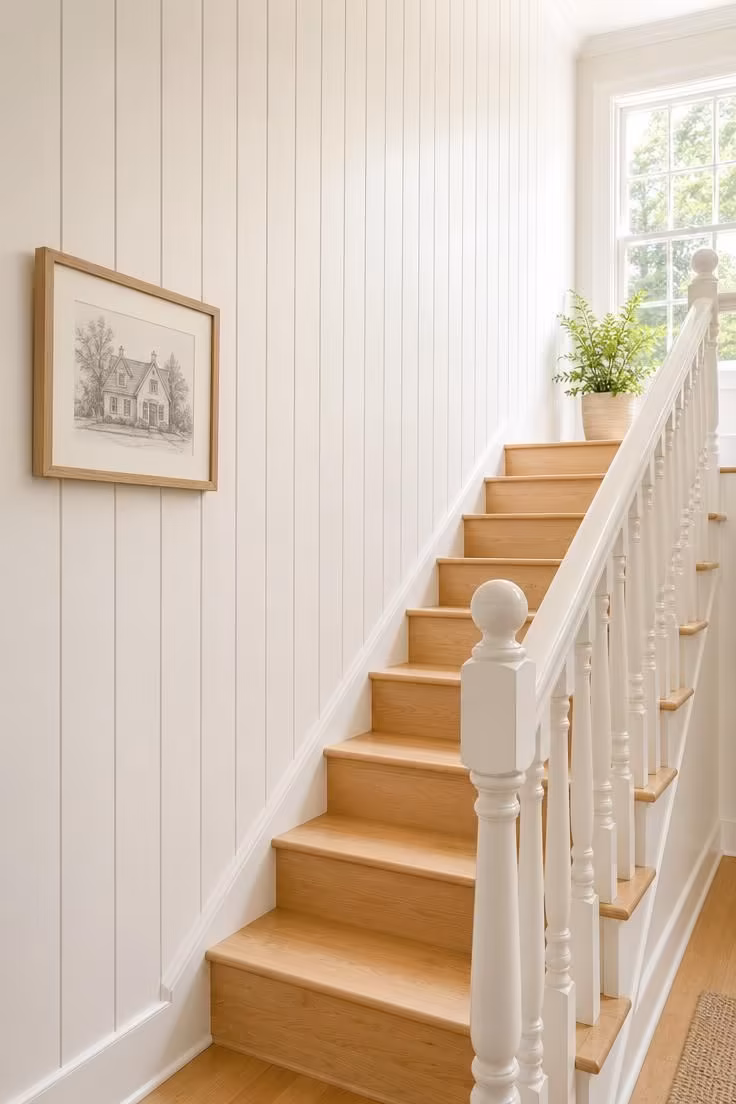 13 Warm Front Entryway Ideas With Stairs to Welcome Home 12 Vertical white shiplap boards beside a painted baluster rail along a front entryway staircase in bright midday light