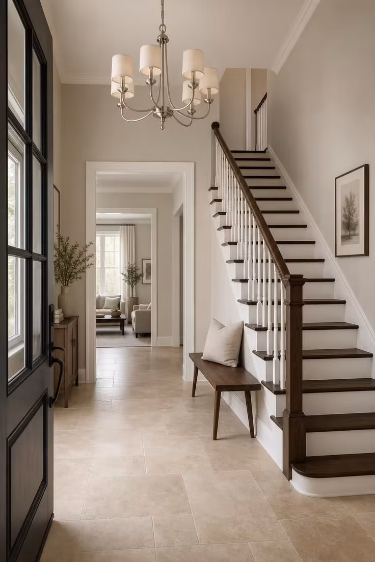 13 Warm Front Entryway Ideas With Stairs to Welcome Home 13 Brushed nickel chandelier hanging above a travertine-tiled front entryway with a straight walnut staircase