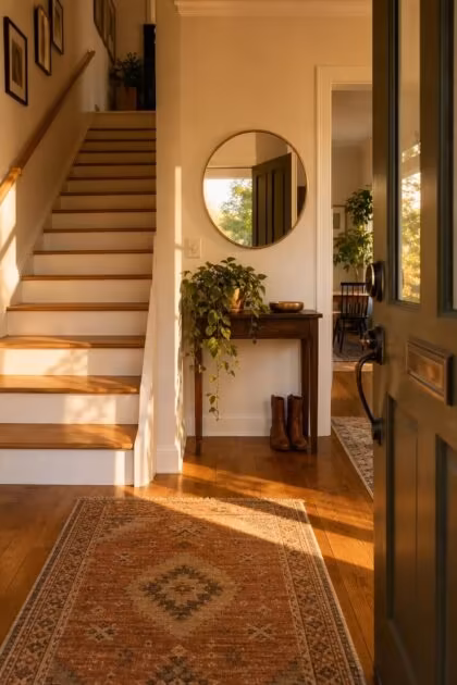 13 Warm Front Entryway Ideas With Stairs to Welcome Home Warm sunlit front entryway with a staircase, hardwood floors, a console table with a round mirror, and a trailing plant