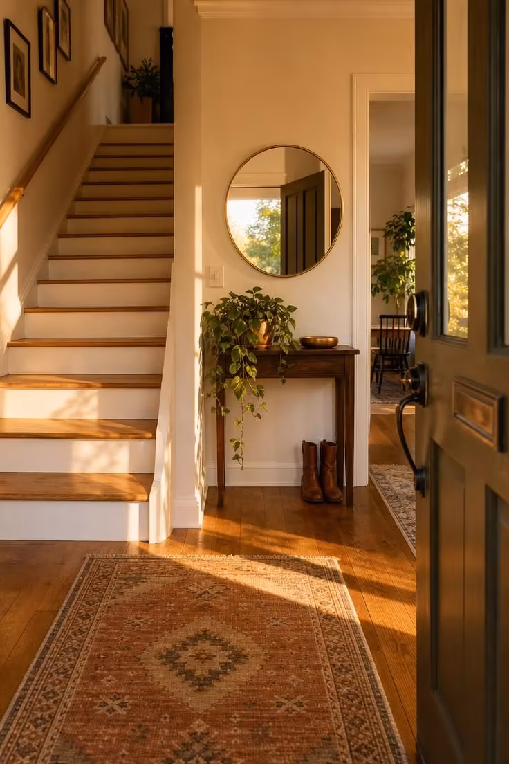 Simple Spaces 16 Warm sunlit front entryway with a staircase, hardwood floors, a console table with a round mirror, and a trailing plant
