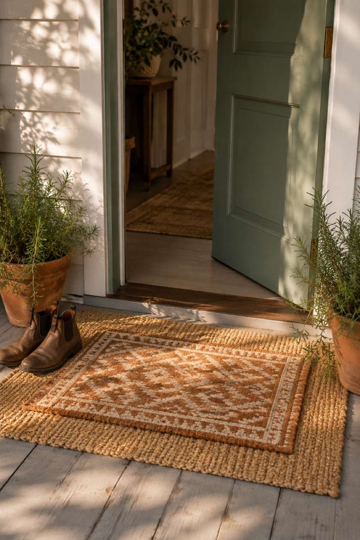 Layered jute and patterned doormats at a sage green front door with terracotta pots and afternoon light.