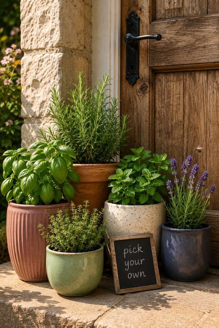 Cluster of mismatched ceramic pots with fresh herbs beside a weathered oak front door in warm afternoon light.