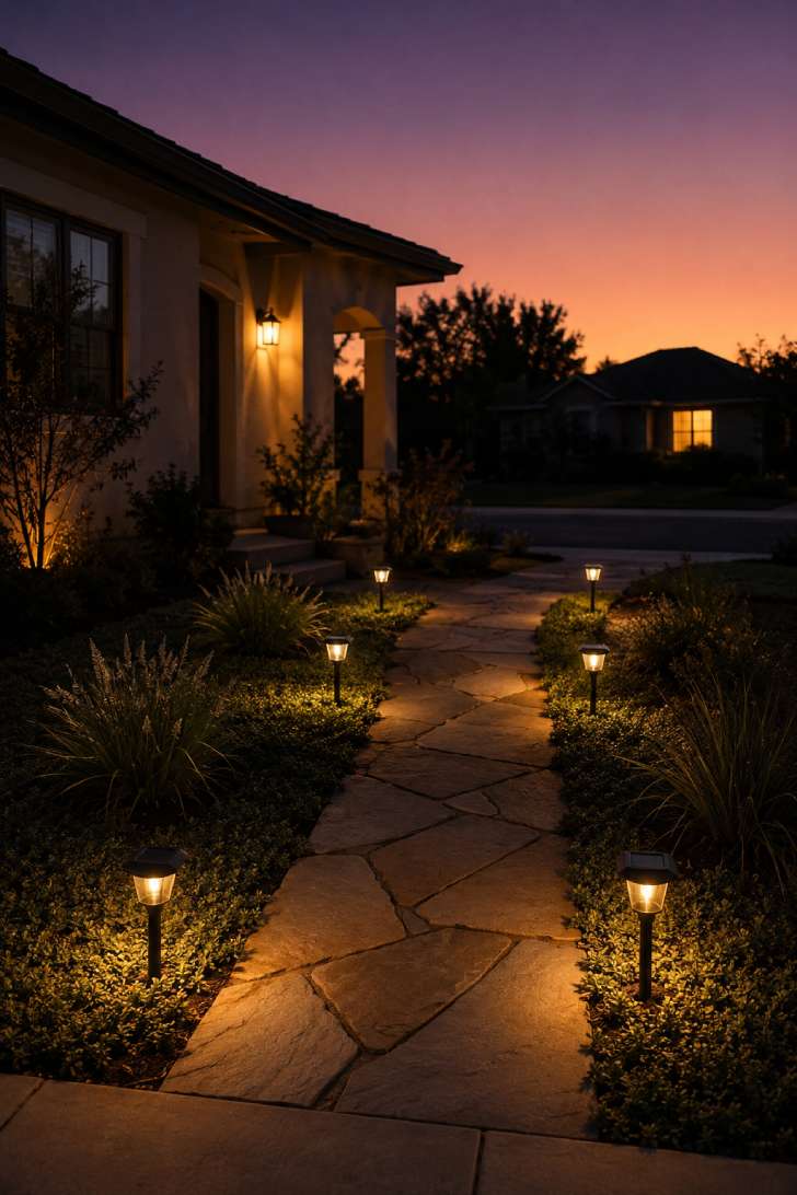 Solar stake lights lining a flagstone front walkway at dusk with ornamental grasses and a peach-to-purple sky.