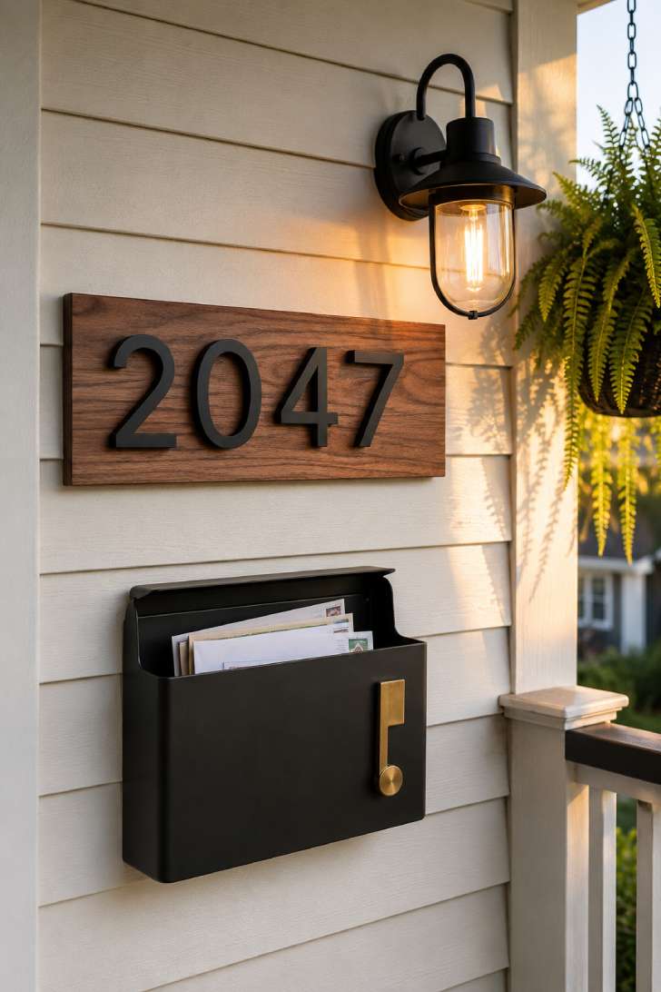 Matte black floating house numbers on a walnut board with a matching mailbox and coach light on white siding.