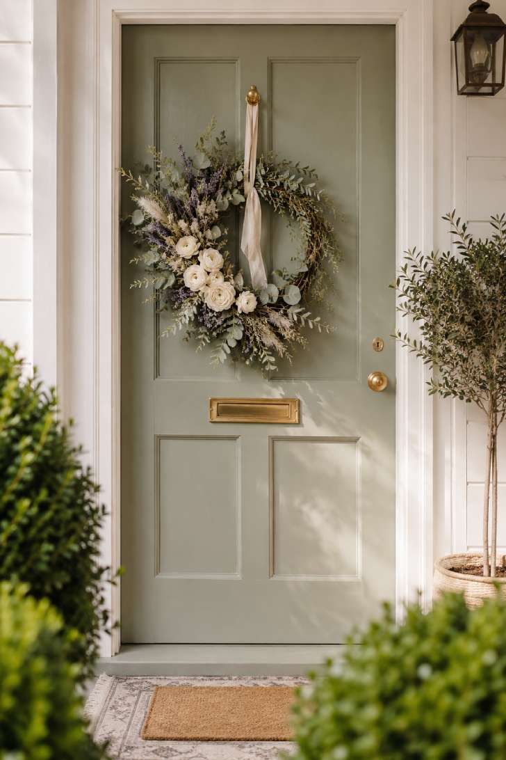 Asymmetrical dried eucalyptus and ranunculus wreath on a sage green front door with brass hardware.