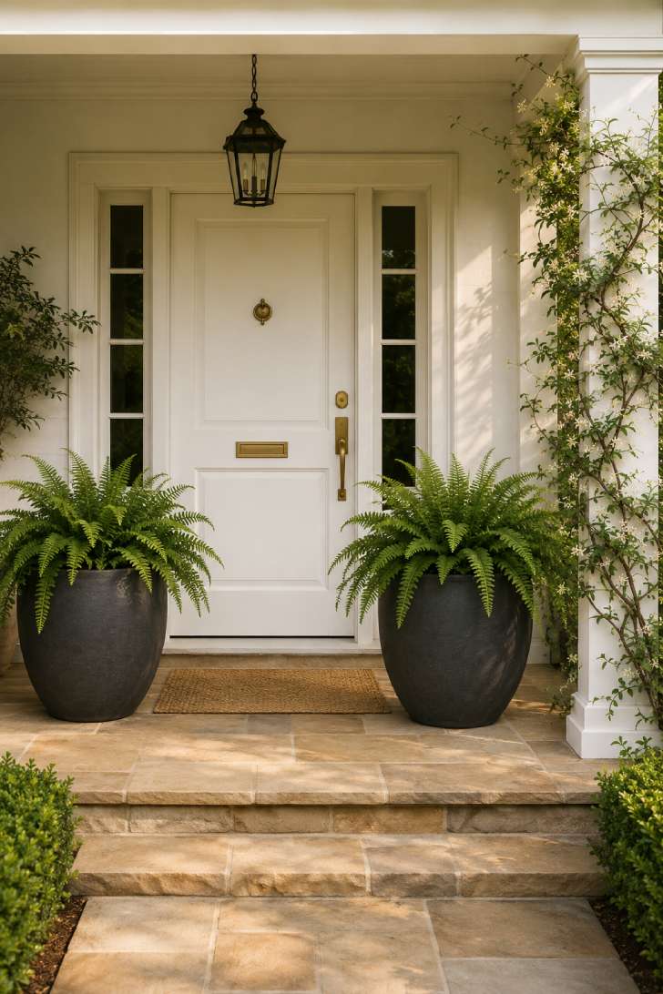 Two charcoal concrete planters with Boston ferns flanking a warm white front door in soft morning light.
