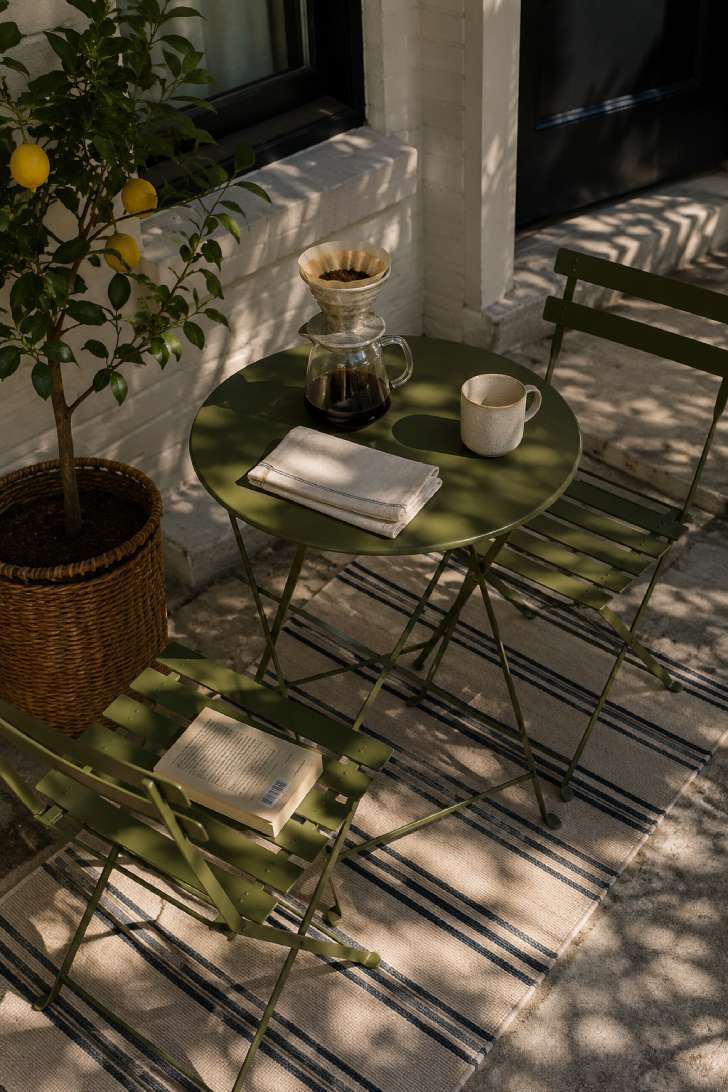 Olive green bistro set on a narrow front patio with a pour-over coffee setup and dappled morning light.