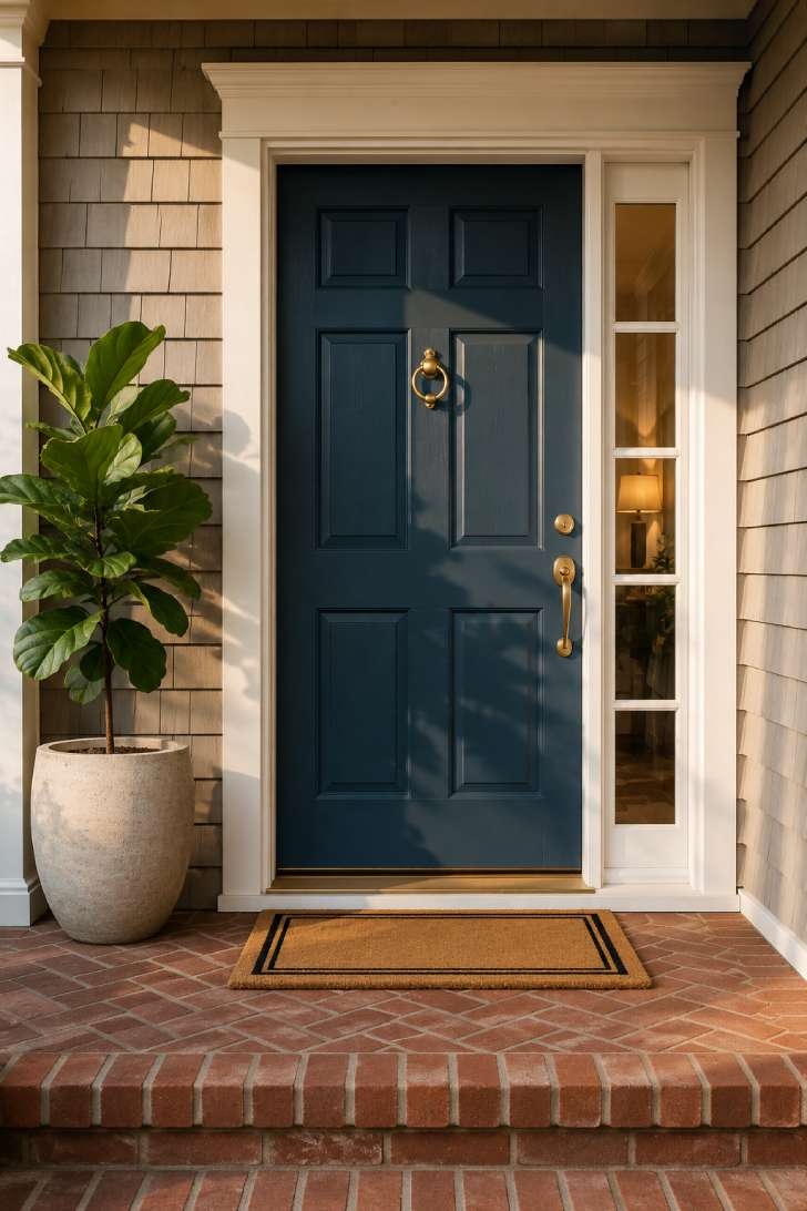 Deep teal front door with brass knocker, white trim and a fiddle leaf fig planter on a brick herringbone porch.