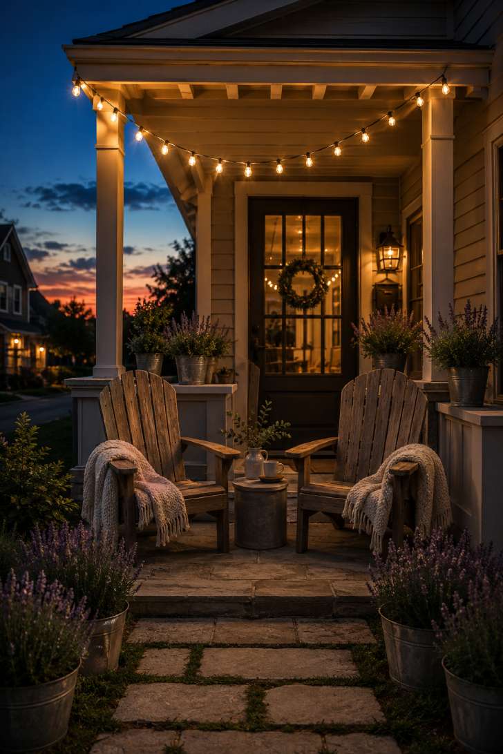 Twilight front patio with warm string lights between porch columns, Adirondack chairs, and potted lavender.