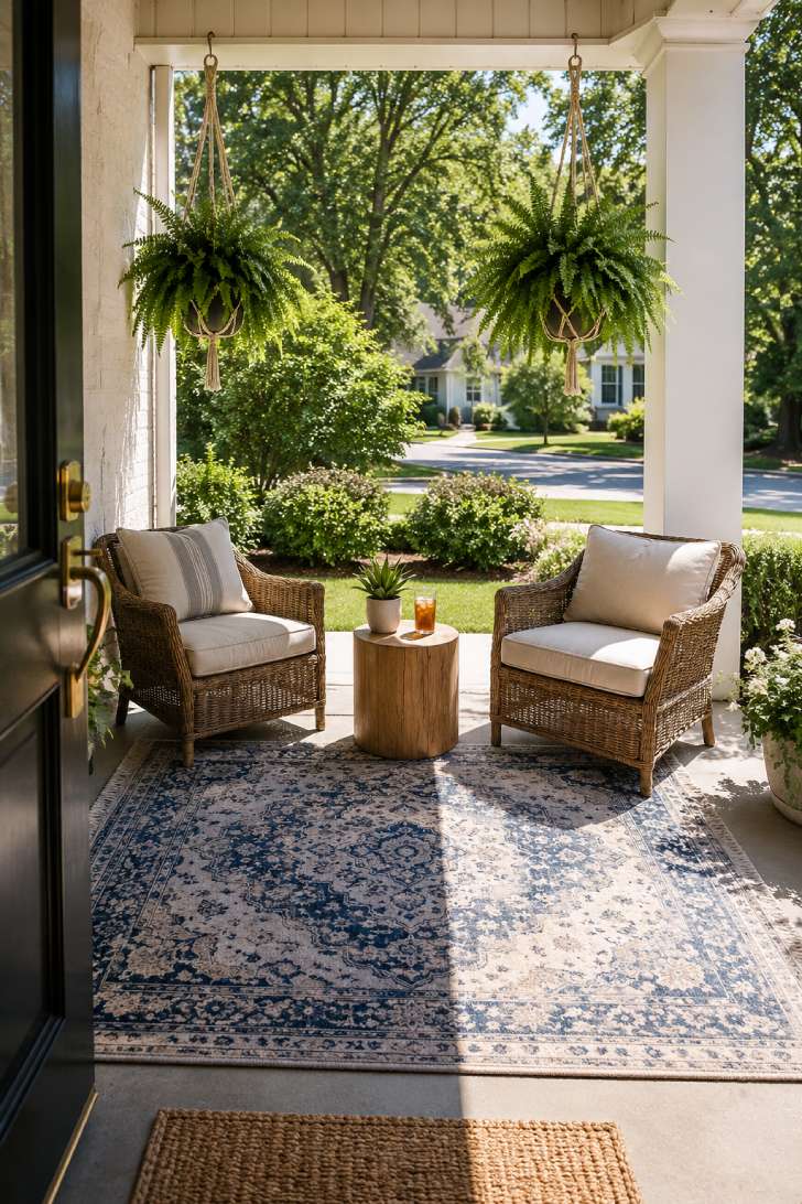 Indigo medallion outdoor rug defining a wicker seating area on a concrete front patio with hanging ferns.