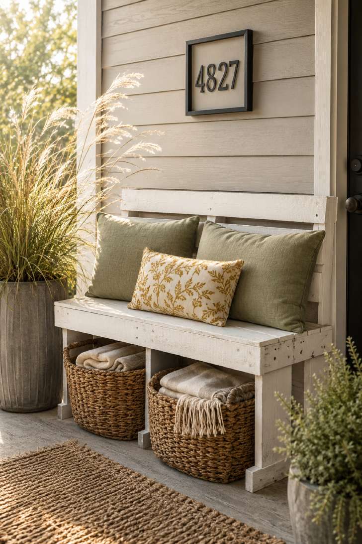 White-painted pallet bench with sage cushions against a greige wall on a sunny small front patio.
