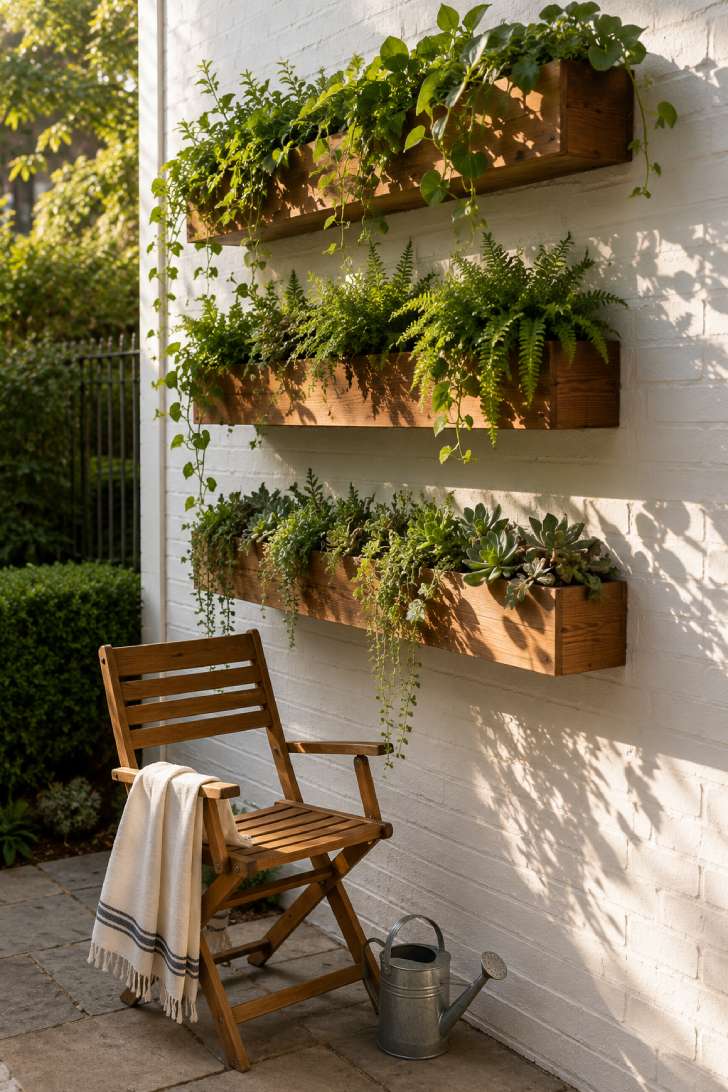 Wall-mounted wooden planter boxes with trailing greenery on a white brick wall above a teak chair.
