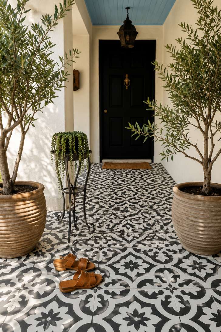 Black-and-white Moroccan stencil pattern on a concrete patio floor with clay-potted olive trees.