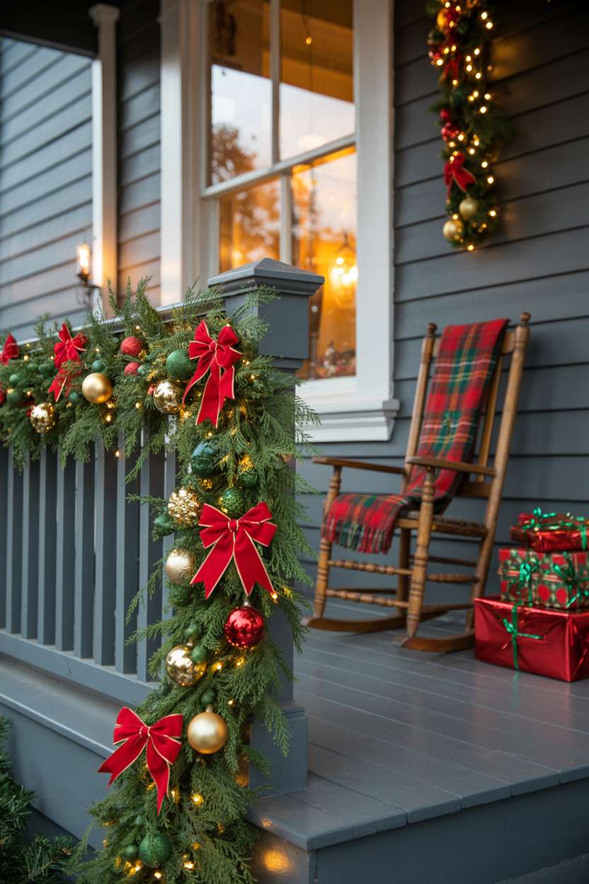 Victorian-style porch with evergreen garland, red bows, golden ornaments, and twinkling fairy lights