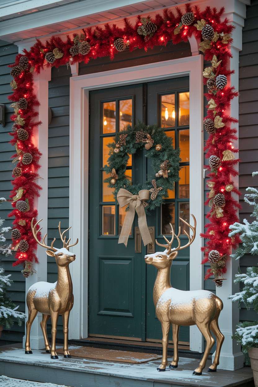 Front porch featuring vibrant red garland with pine cones, antique wreath, and snow-covered ceramic reindeer