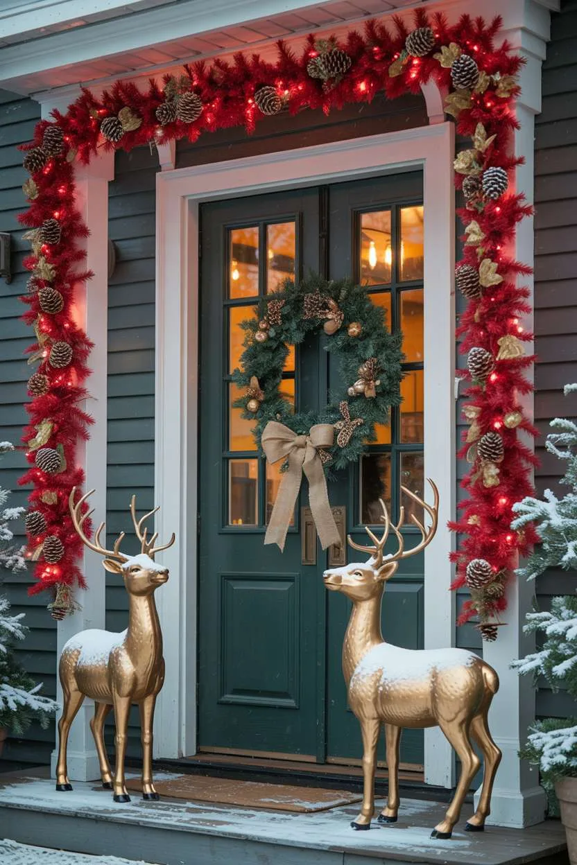 Front porch featuring vibrant red garland with pine cones, antique wreath, and snow-covered ceramic reindeer