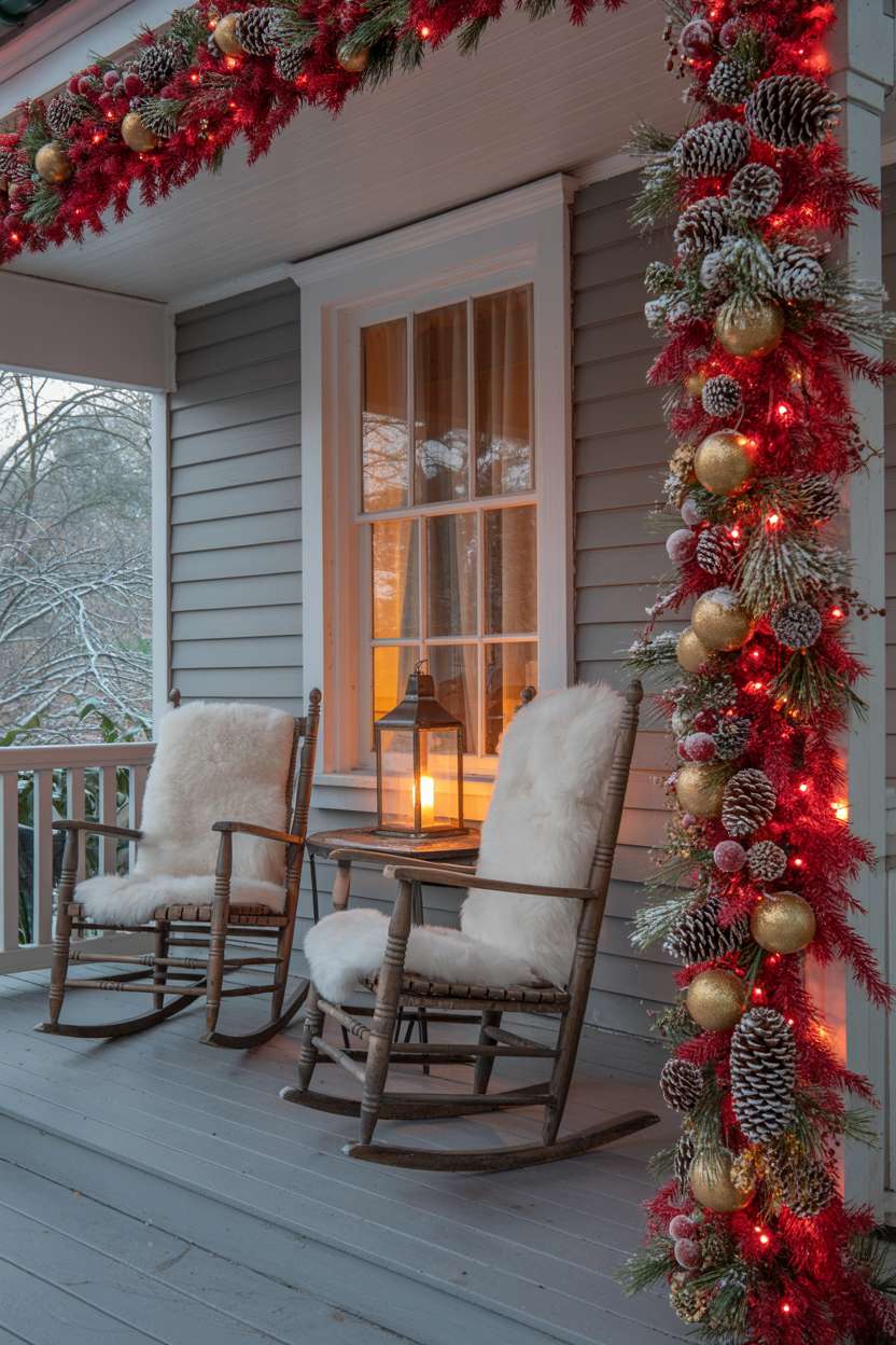Charming porch with red garland, antique rocking chairs, cream cushions, and a glowing lantern