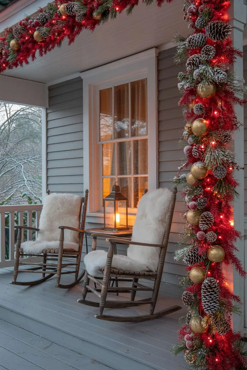 Charming porch with red garland, antique rocking chairs, cream cushions, and a glowing lantern