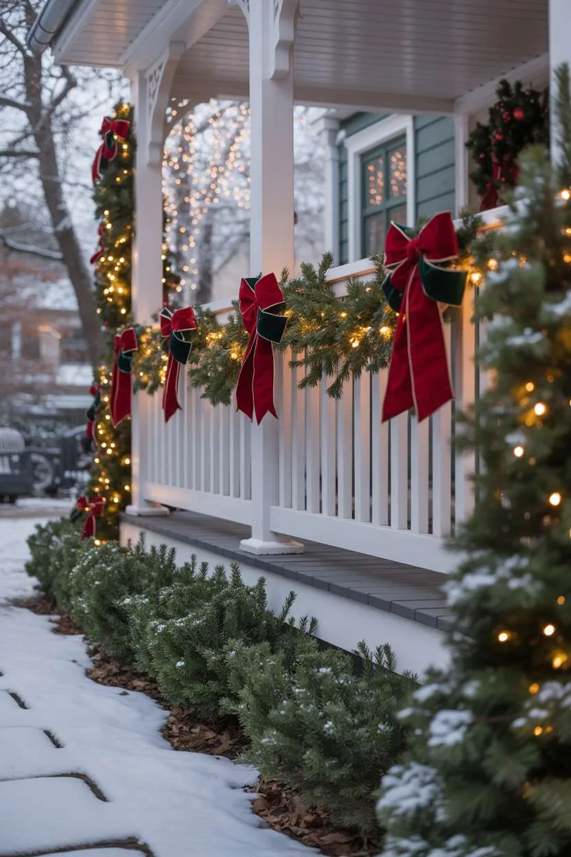 Long-distance view of porch with twinkling white lights, velvet bows, and snow-dusted pathway