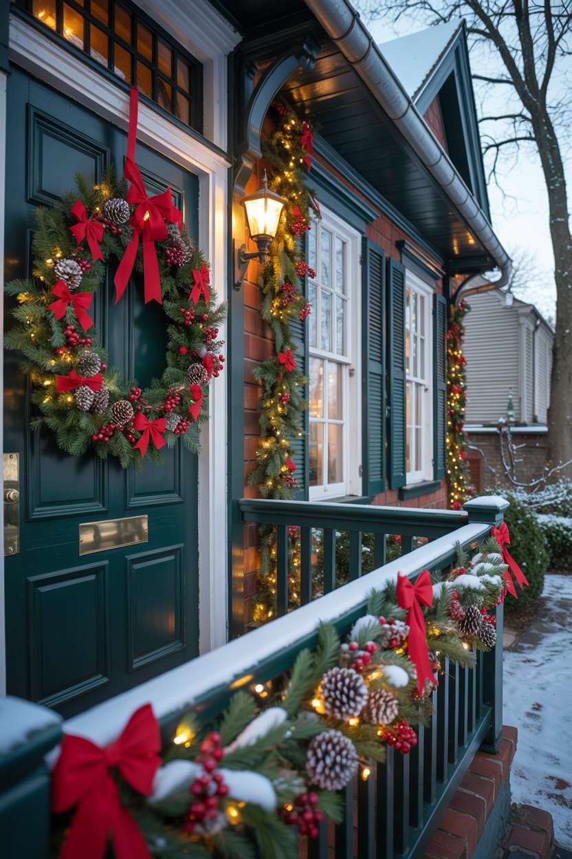 Victorian porch with large decorated wreath, elegant garlands with berries, and warm window lighting