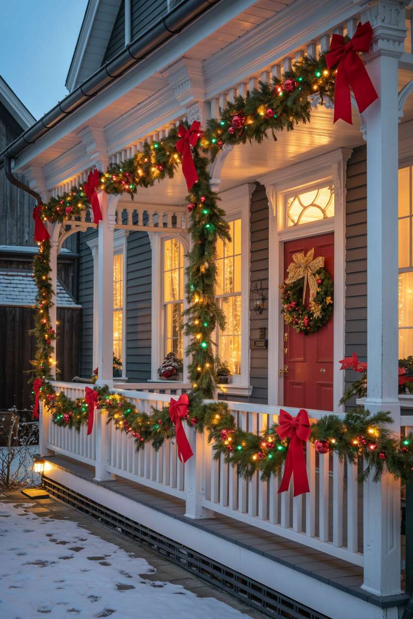Victorian wraparound porch with multicolored string lights, pine garland, and cranberry red door