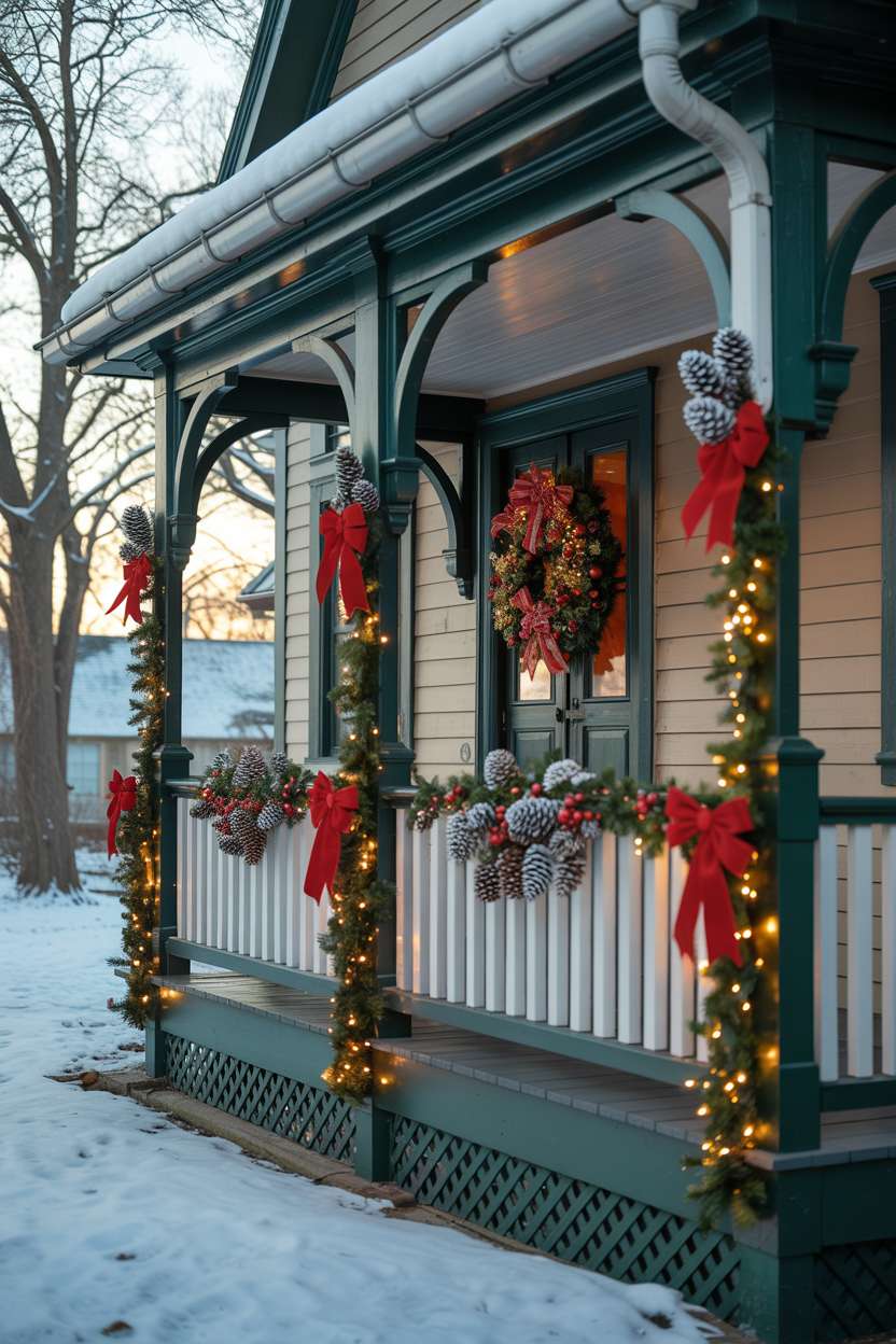 Wraparound porch with warm white lights, plush red bows, and frosted pinecone details