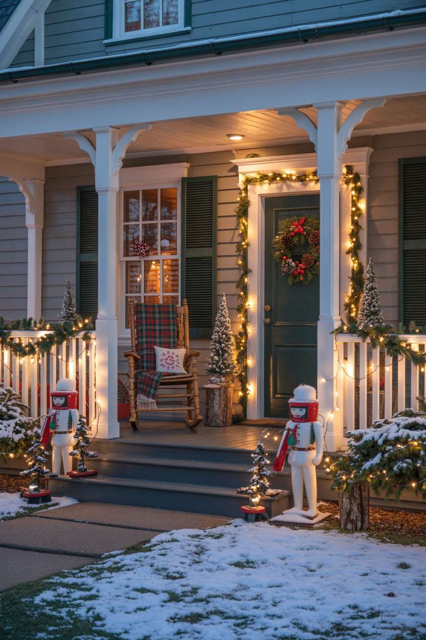Traditional porch with white columns, green door wreath, and collection of snow-covered decorations
