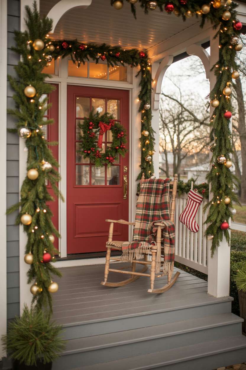 Welcoming porch with red door, evergreen garlands, vintage rocking chair, and striped stockings