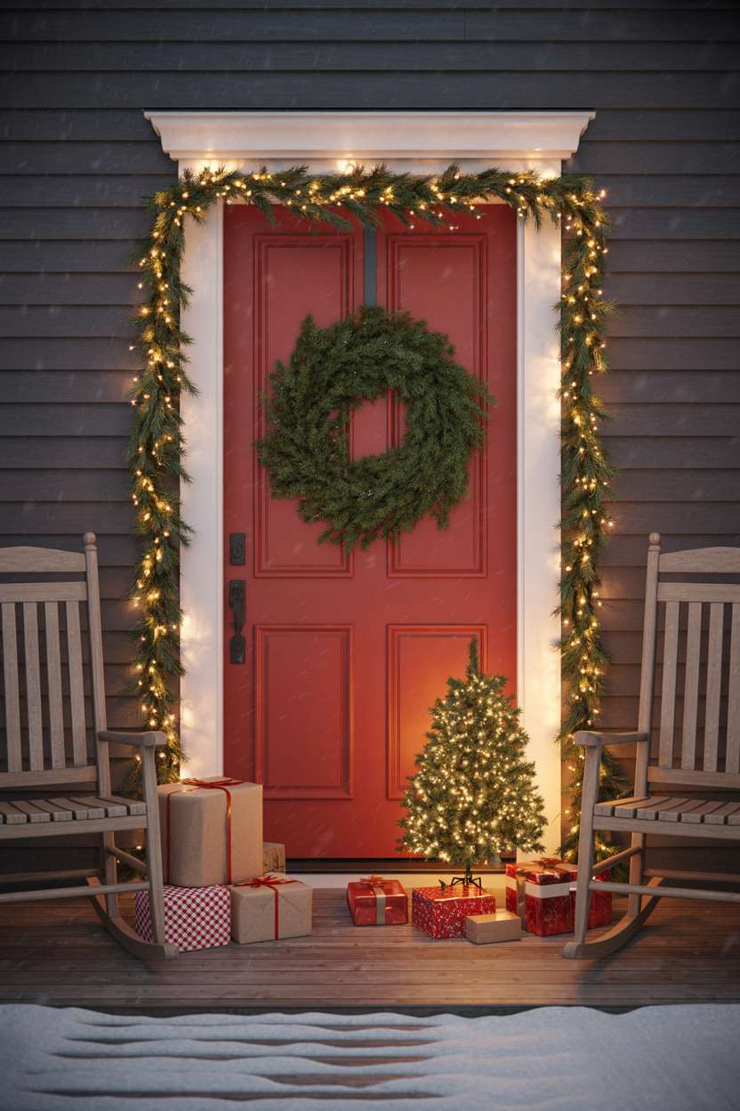 Stylish porch with vibrant red door, wrapped presents under Christmas tree, and rustic rocking chairs