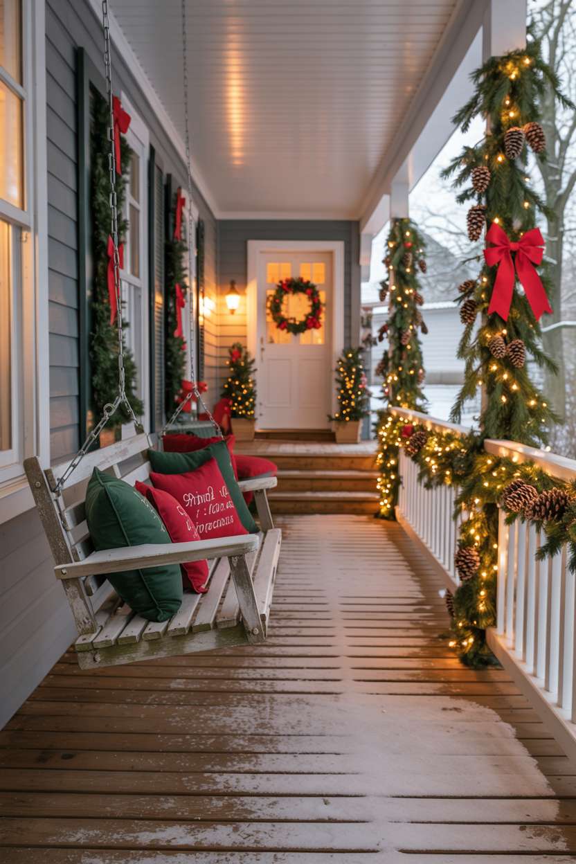 Weathered porch swing with red and green pillows, string lights, and golden light from house