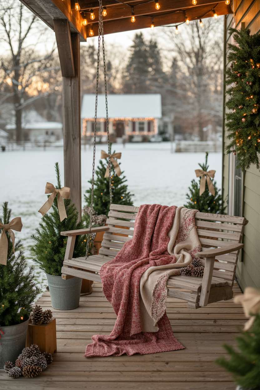 Wide rustic porch view with a hand-knitted blanket on a swing, vintage lights, and snow-covered trees