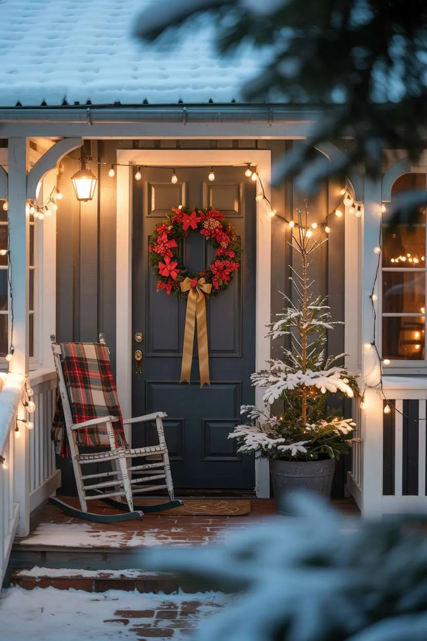 Snow-covered cottage porch with red wreath, white string lights, and plaid-draped rocking chair