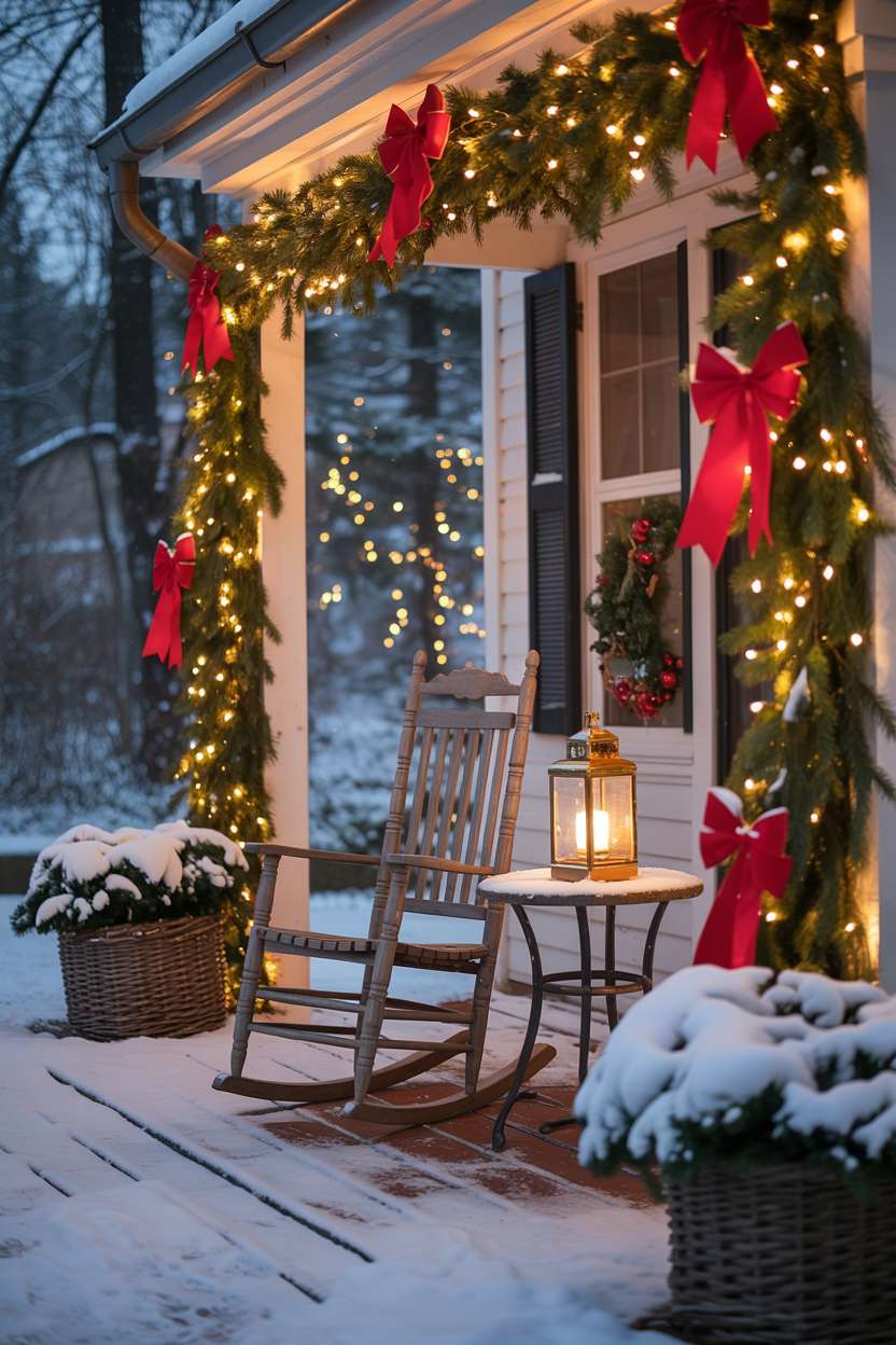 Snow-covered porch with pine garlands, vintage rocking chair, and glowing lantern on table