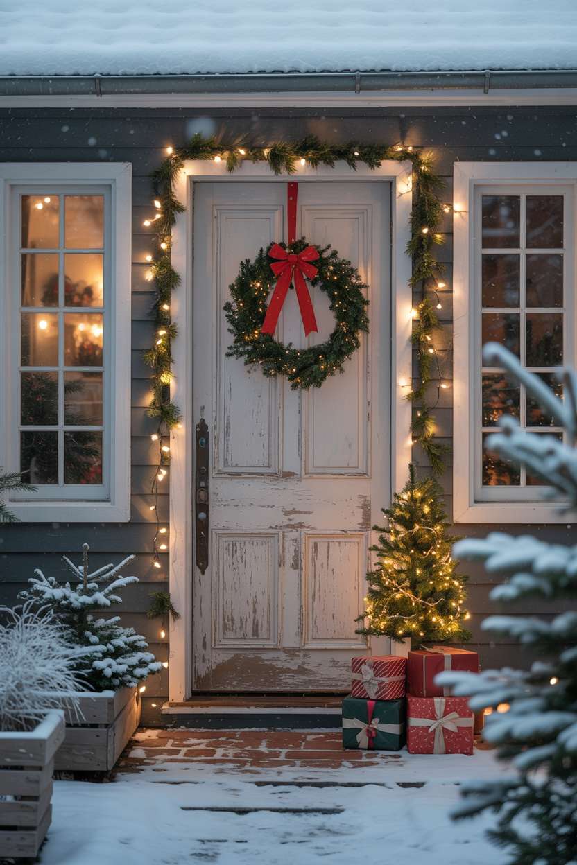 Snow-covered porch with weathered door, miniature evergreen tree, and warm interior lighting