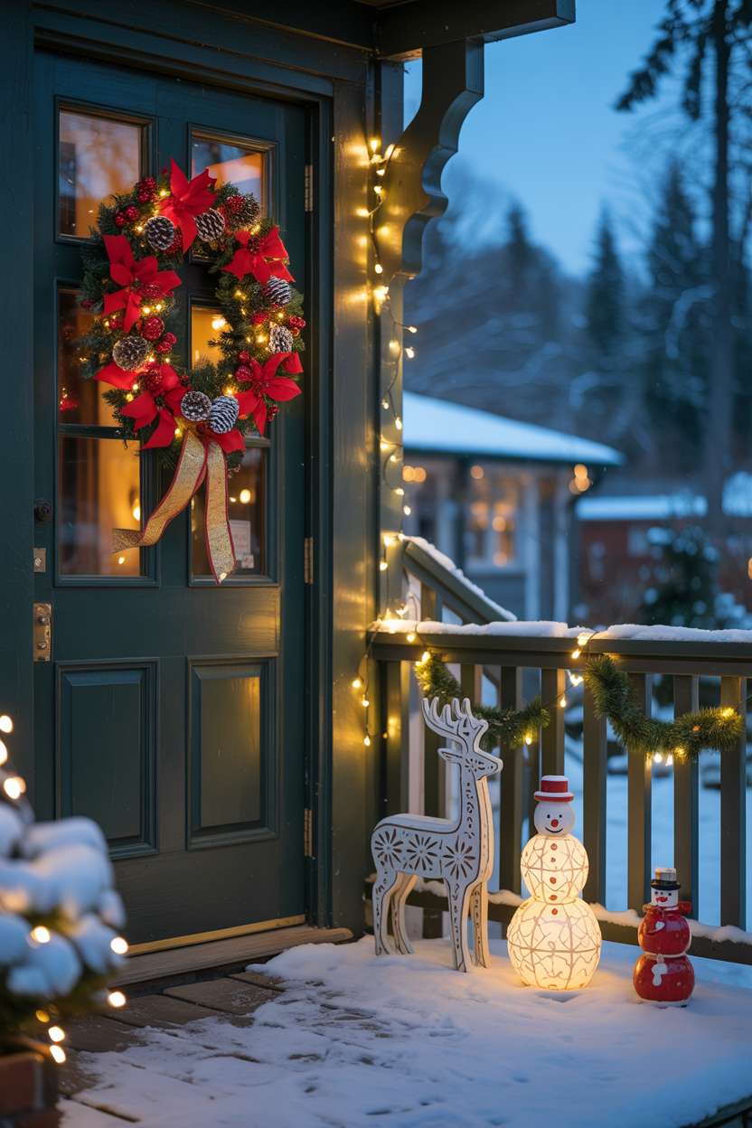Snow-covered porch with green door, fairy lights, and intricately carved wooden decorations
