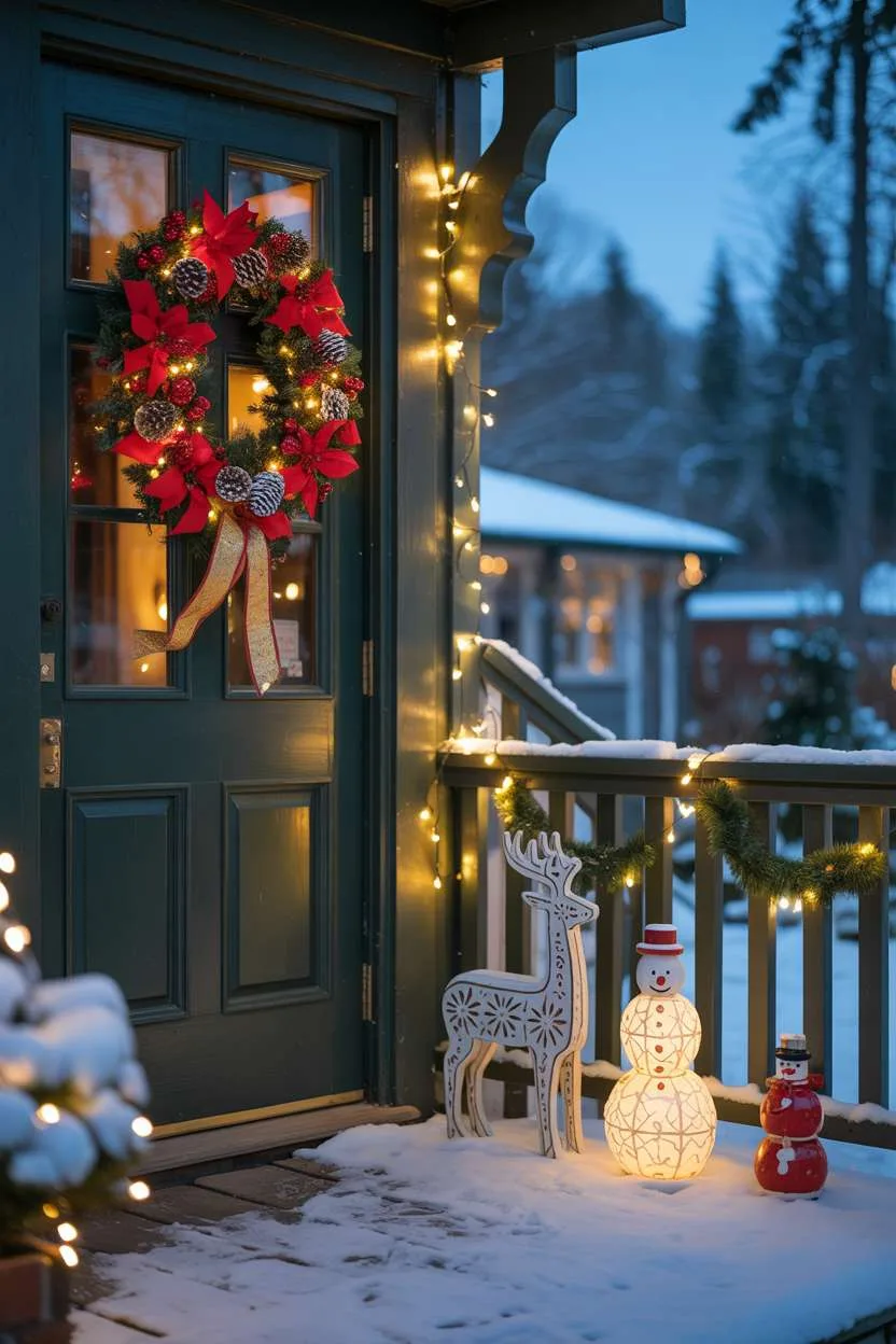 Snow-covered porch with green door, fairy lights, and intricately carved wooden decorations