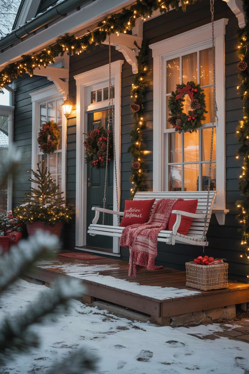 Distant porch view with wooden swing, red cushions, wreaths on door and windows, and string lights
